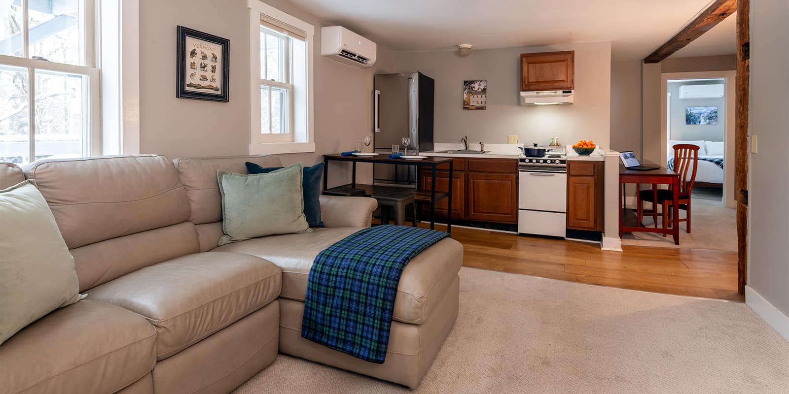 Leather Couch in the living room with kitchenette in the background