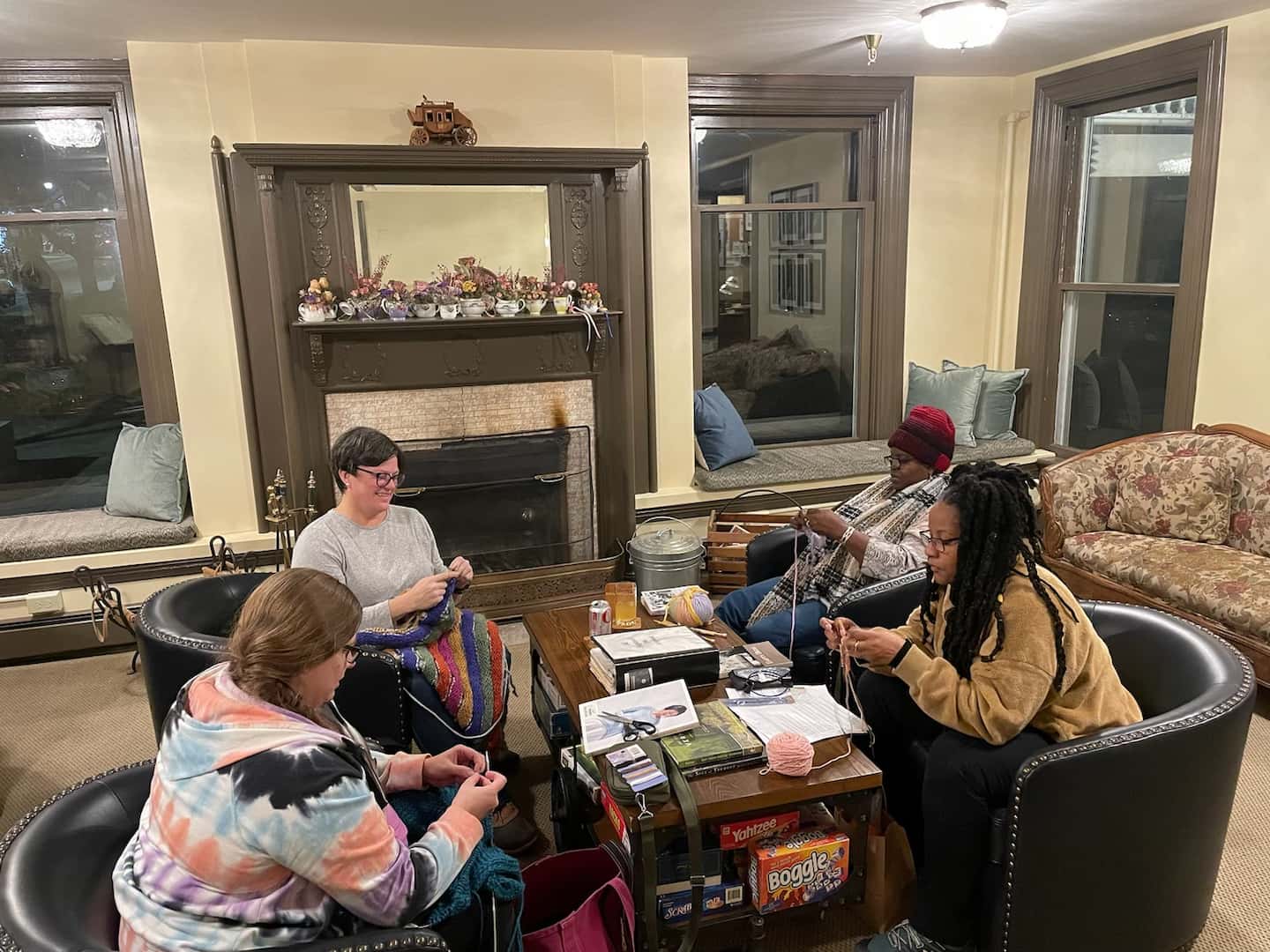 A group of knitters in the living room of our Vermont bed and breakfast