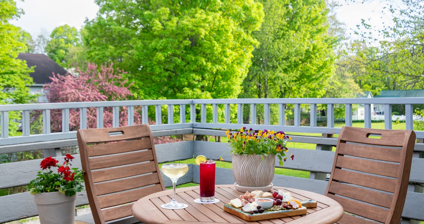 A private patio with outdoor seating at our Vermont bed and breakfast